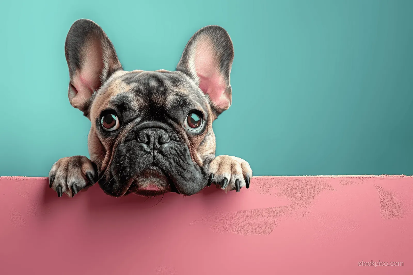 A French bulldog peeks over a pink ledge with its paws resting forward against a turquoise background.