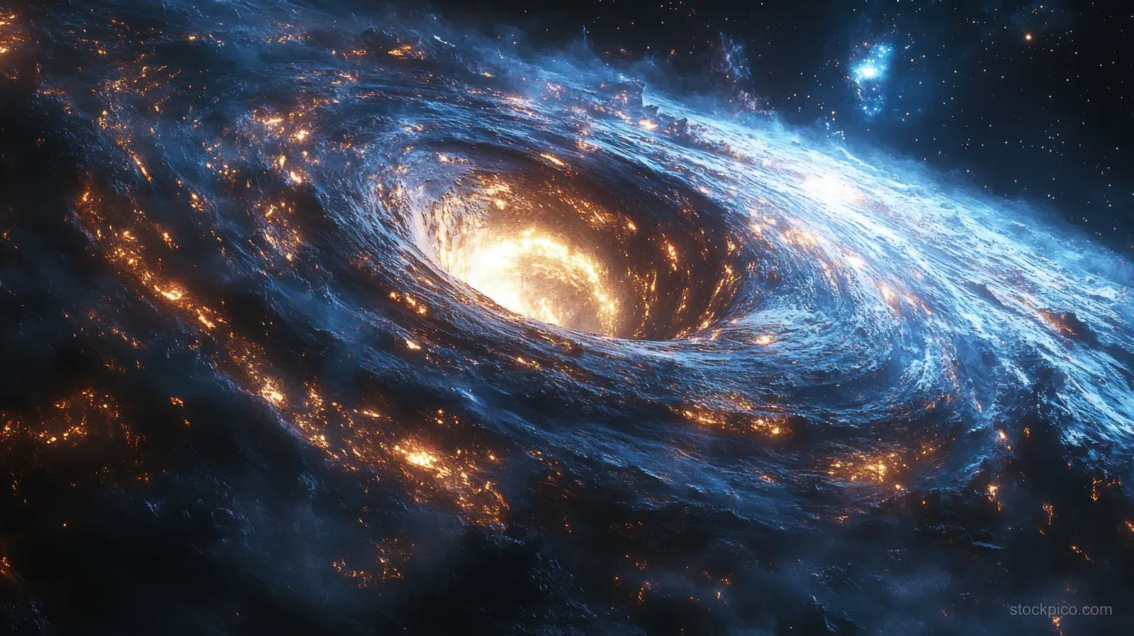 A black hole with a glowing accretion disk bends surrounding starlight in deep space.