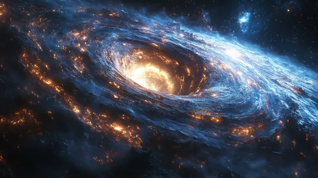 Black hole with glowing accretion disk bending starlight in deep space