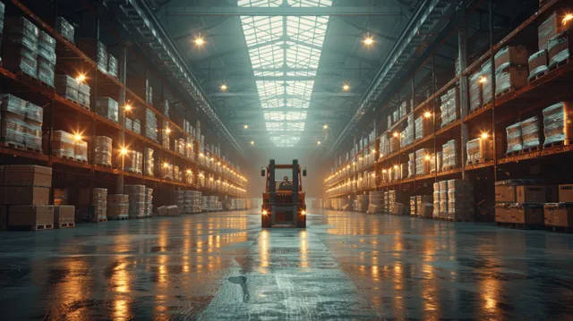 A forklift drives between warehouse shelves packed with pallets and cardboard boxes under dim lighting.