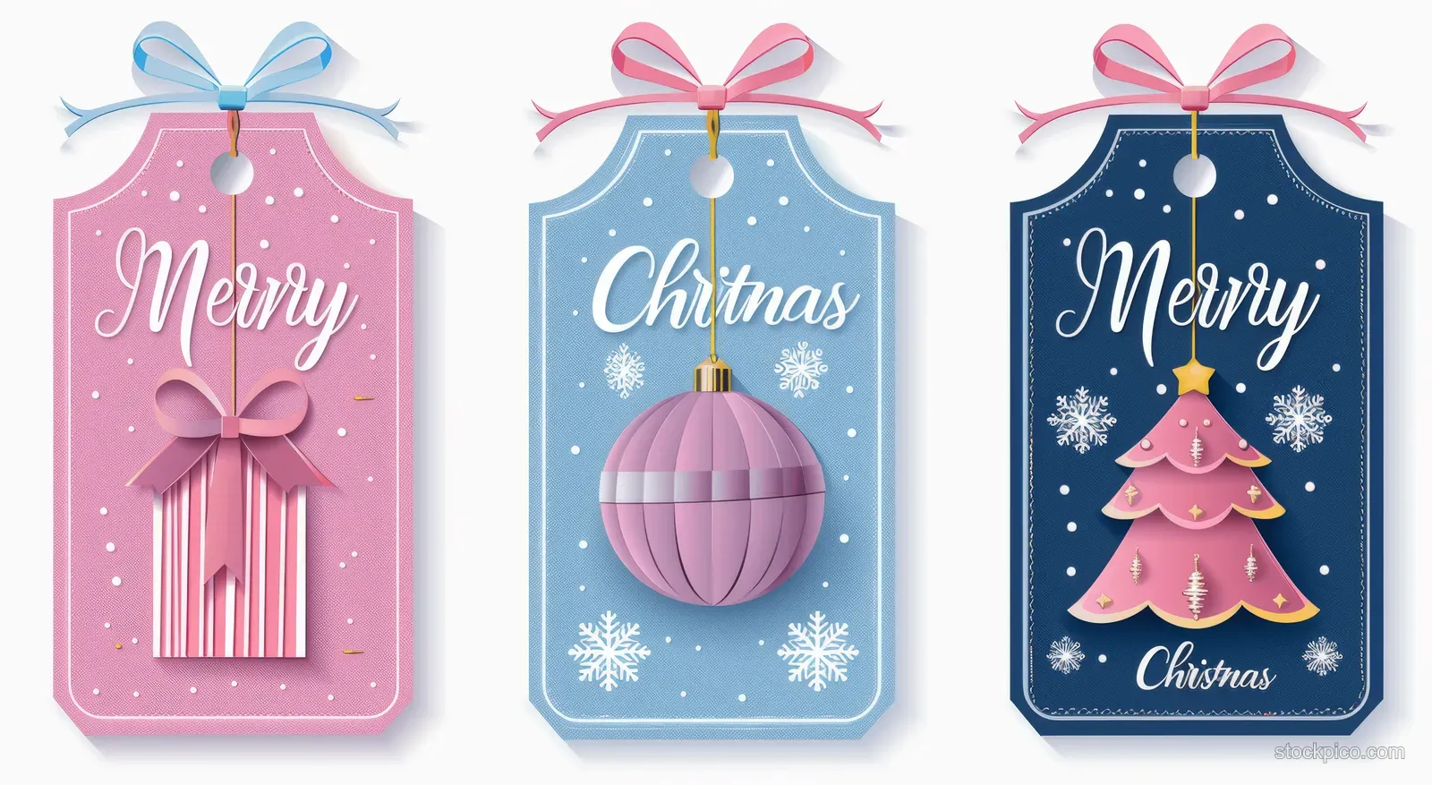 Three pastel Christmas paper gift tags with ribbon bows and hanging ornaments on a white background.