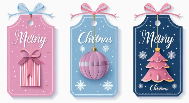 Three pastel Christmas paper gift tags with ribbon bows and hanging ornaments on a white background.
