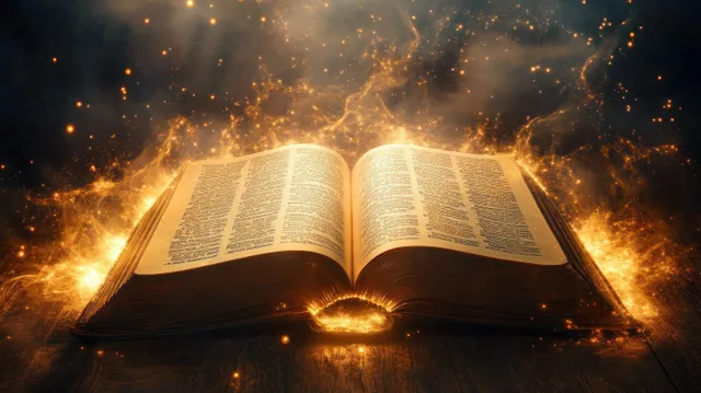Sacred open book glowing with divine light and floating sparks in a dark mystical space