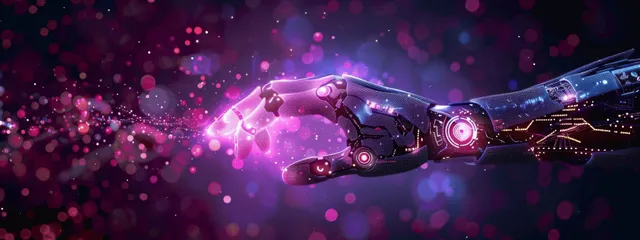 Futuristic robot hand and human hand exchanging glowing data over a digital network