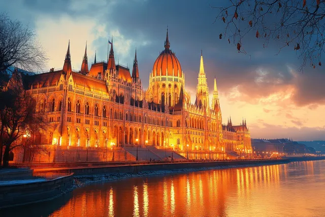 Illuminated cathedral spires and dome line a riverbank, their reflections glowing under sunset clouds.