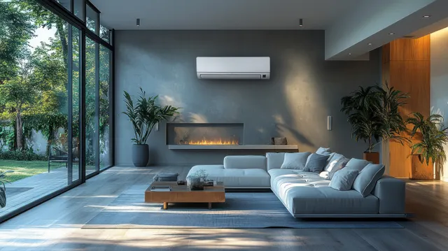 A wall-mounted air conditioner in a modern living room releases cool air under soft blue light and warm lamps.