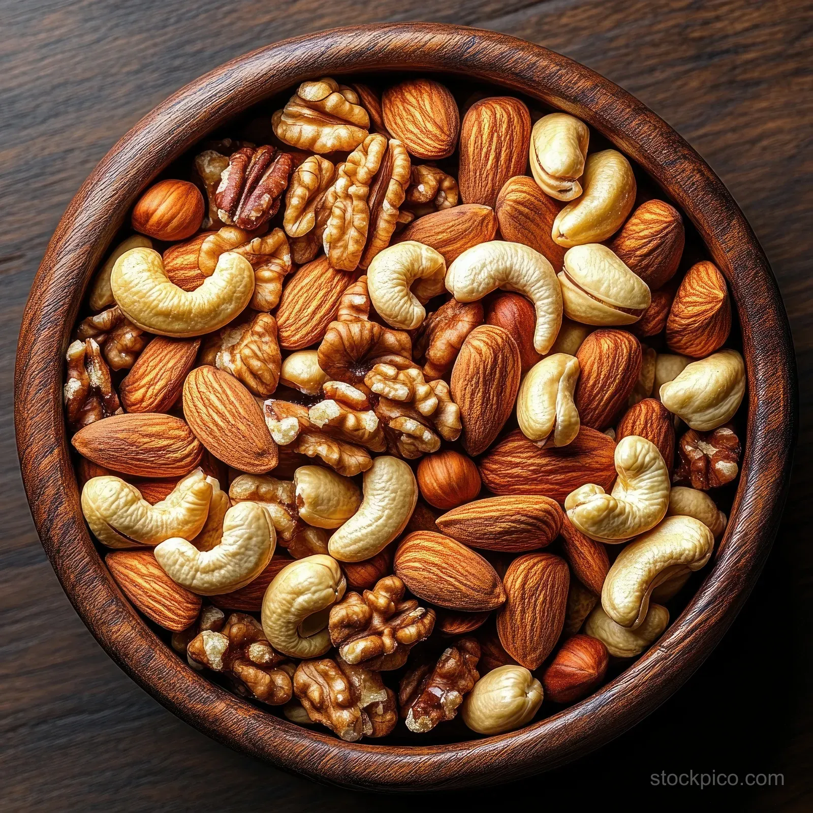 Top view of a wooden bowl filled with mixed nuts on a rustic wooden table.