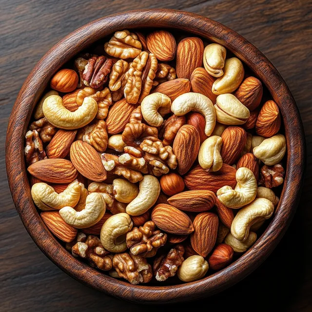 Top view of wooden bowl filled with mixed nuts on rustic wooden tabletop