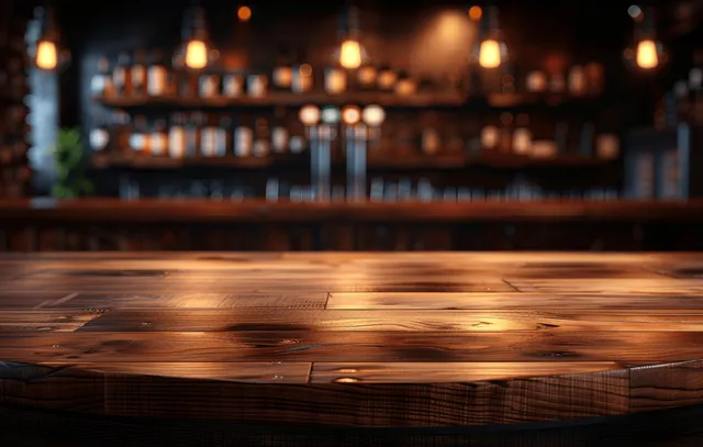 Rustic wooden bar top with empty tabletop, warm bokeh lights and blurred bottles behind
