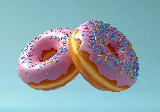 Two floating glazed doughnuts with pink icing and colorful sprinkles against a light blue background.