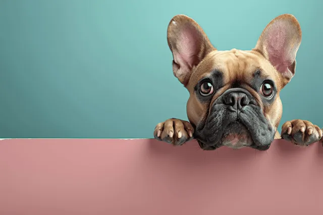 French Bulldog peeks over a pink surface with large ears and dark eyes against a teal background.