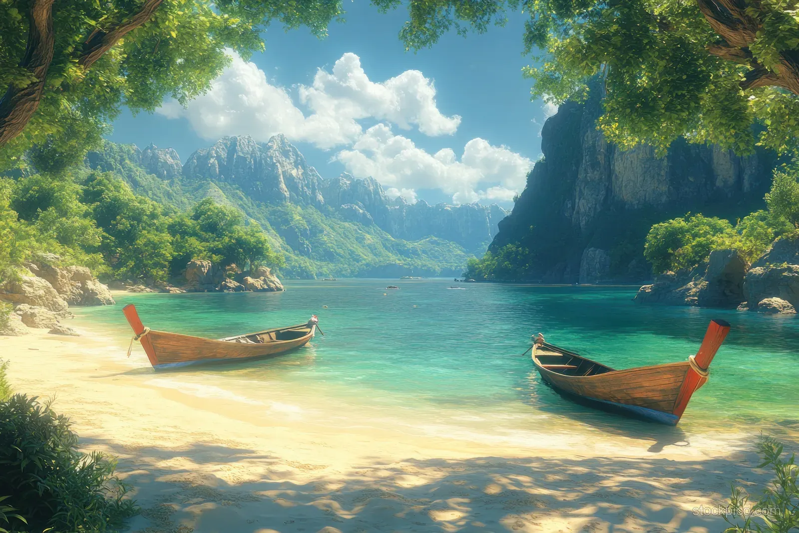 Two traditional long-tail wooden boats are anchored on a sandy tropical beach beside turquoise water and limestone cliffs.
