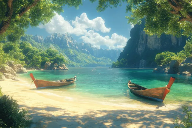 Two traditional long-tail wooden boats are anchored on a sandy tropical beach beside turquoise water and limestone cliffs.
