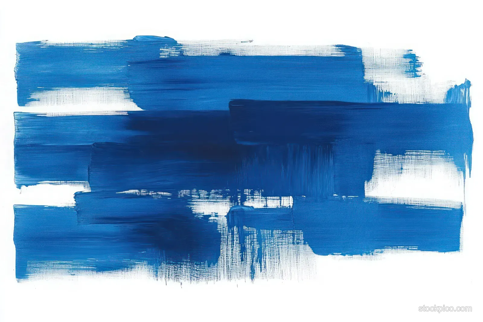 Horizontal layers of bold blue brushstrokes with textured paint streaks across a white background.