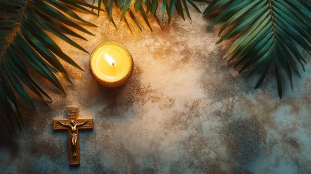 Lit candle and wooden crucifix on a textured surface, framed by palm leaves with soft smoke drifting upward.