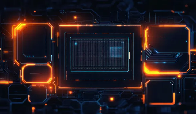 Futuristic glowing circuit board close-up with orange-blue neon traces around a microchip