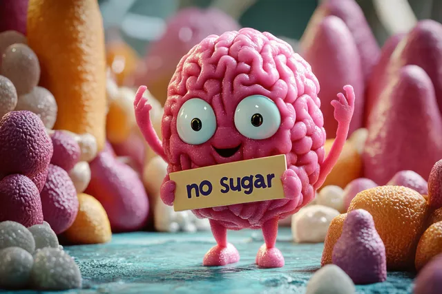 Smiling anthropomorphic brain character holds a “no sugar” sign surrounded by colorful candy-like pieces.