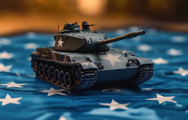 A small tank model with white star markings rests on blue fabric covered in white stars under warm lighting.