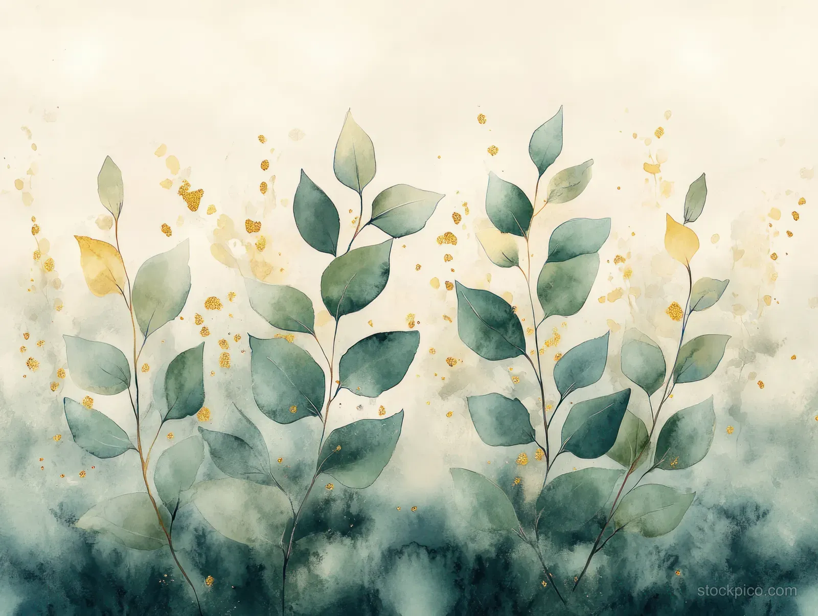 Watercolor eucalyptus branches with sage green leaves and small gold flecks over a misty blue background.