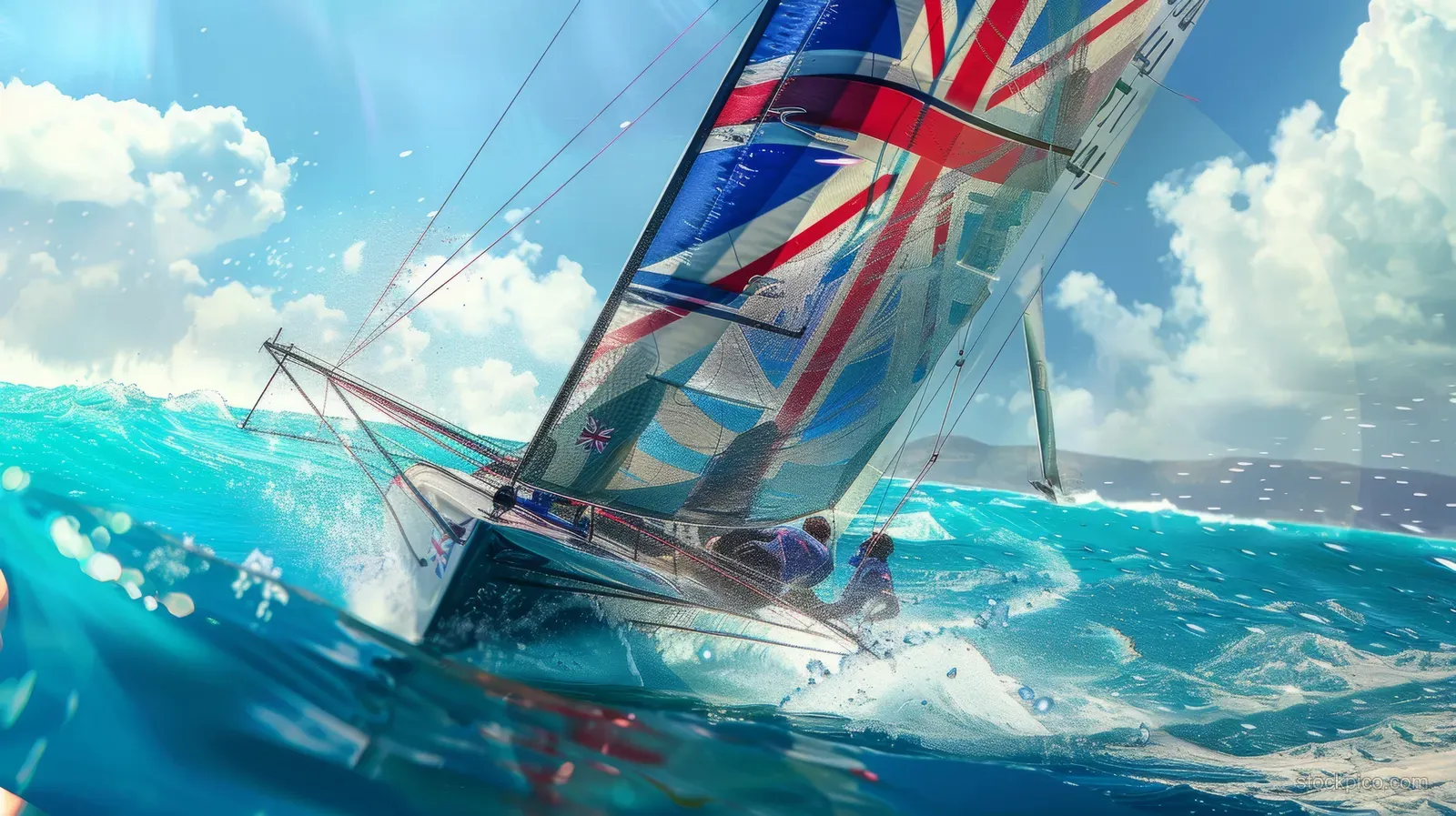 A 49er sailboat speeds across choppy blue water with a Union Jack sail under a bright cloudy sky.