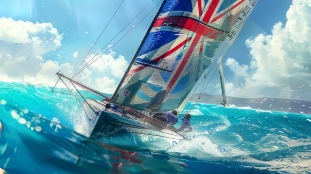A 49er sailboat speeds across choppy blue water with a Union Jack sail under a bright cloudy sky.