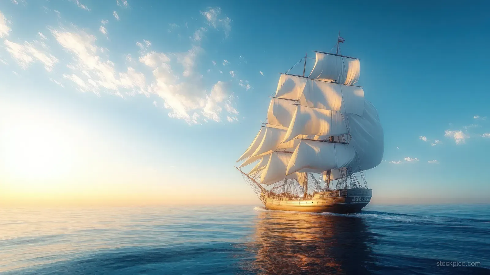 A vintage sailing ship with white sails glides over calm ocean water, reflecting sunrise light under a blue sky.