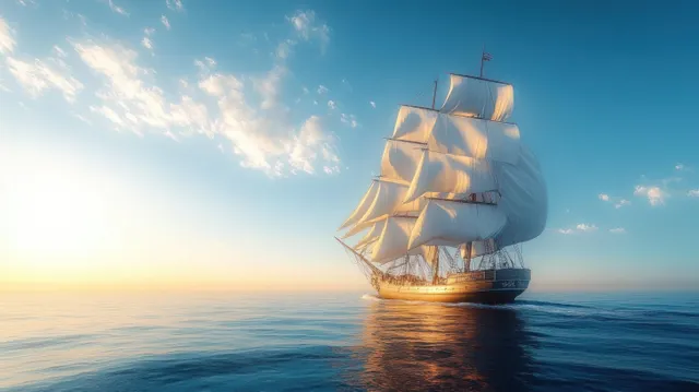 A vintage sailing ship with white sails glides over calm ocean water, reflecting sunrise light under a blue sky.