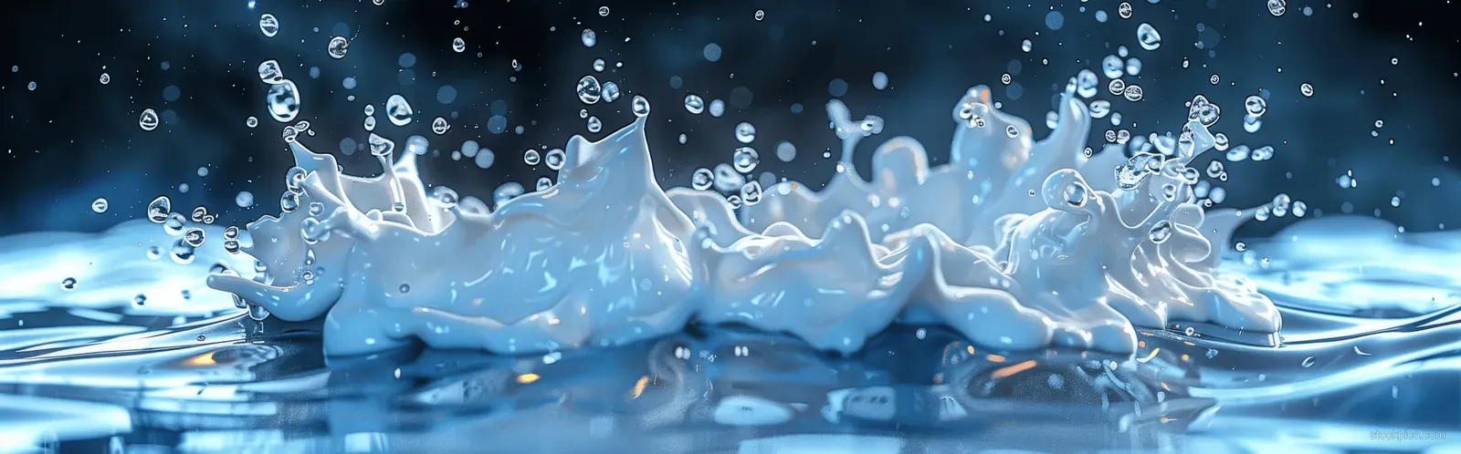 Milk splash bursts over a bright blue background with scattered droplets and foamy liquid waves.