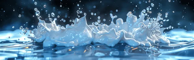 Milk splash bursts over a bright blue background with scattered droplets and foamy liquid waves.