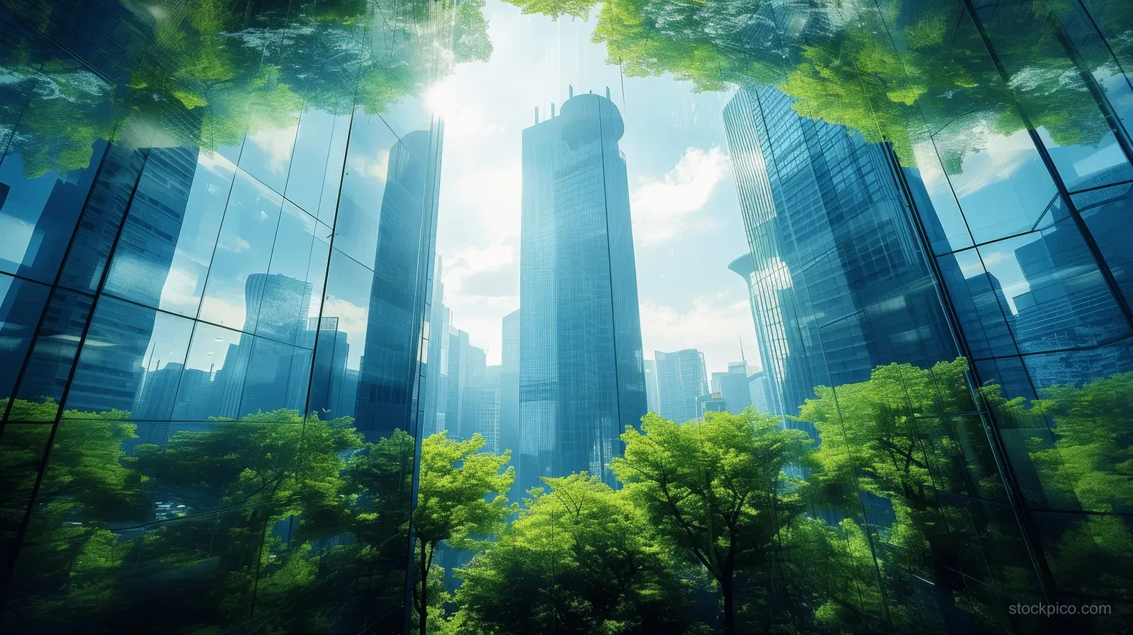 Glass office towers rise above green trees, with reflections and blue sky light in the city.