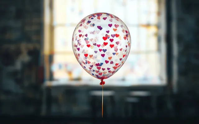 Transparent balloon with multicolored hearts floats indoors while a blurred window and chairs sit in the background.