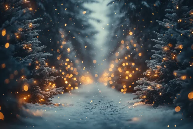 Frosted evergreen trees line a snowy path while warm golden lights glow through falling bokeh snow at night.