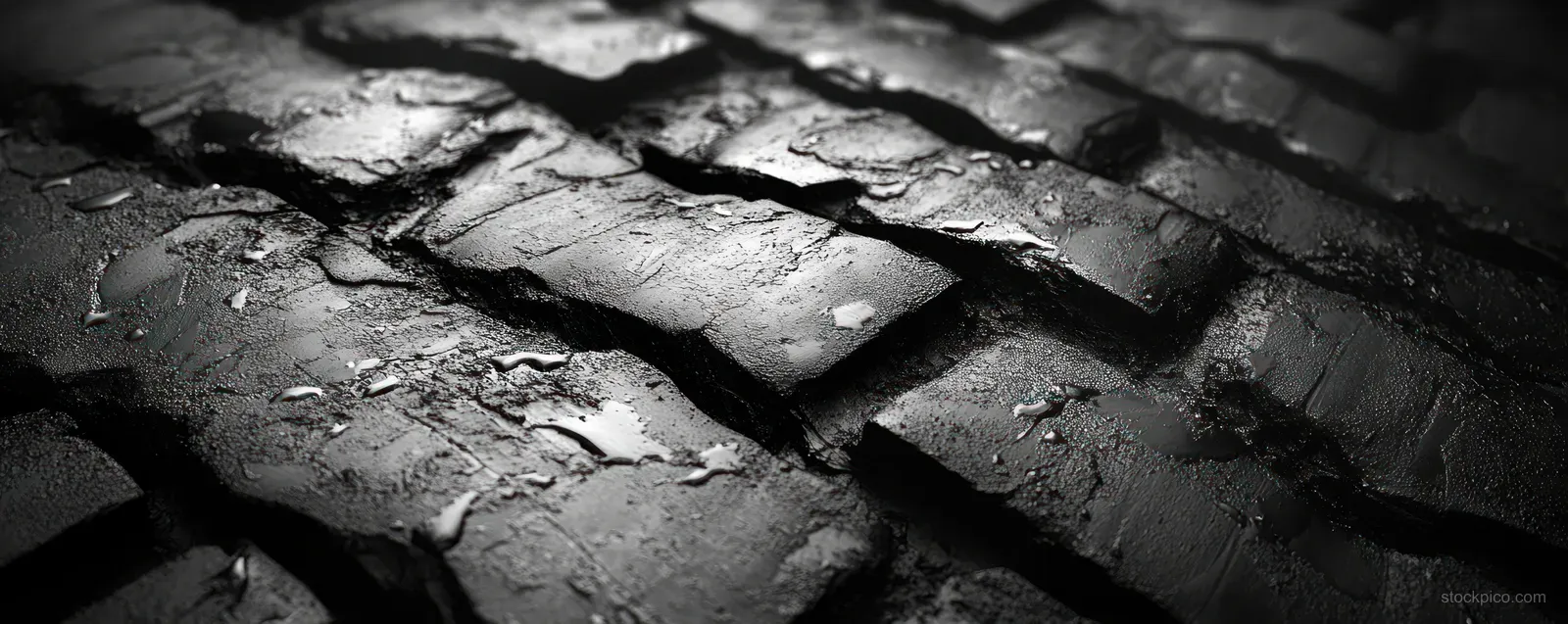 Grayscale overlapping tire tracks are pressed into textured asphalt pavement with dark shadows and abstract patterning.