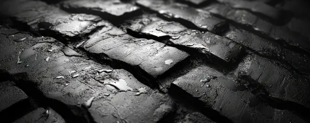 Grayscale overlapping tire tracks are pressed into textured asphalt pavement with dark shadows and abstract patterning.