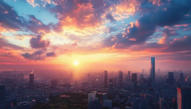 Sunset skyline over skyscrapers with golden sun and dramatic colorful cloud layers
