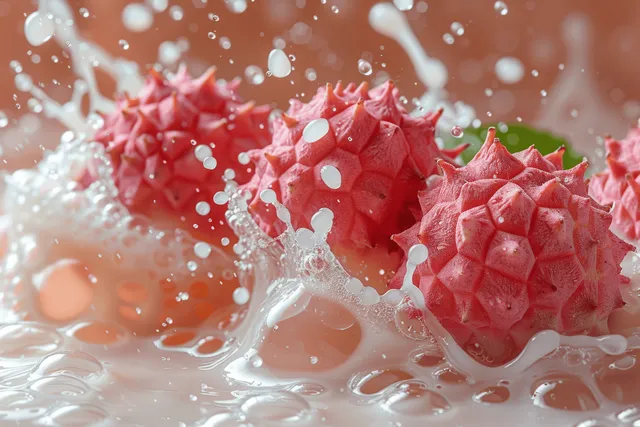 Fresh lychee fruits bursting with pink and white splash droplets on a pastel background.
