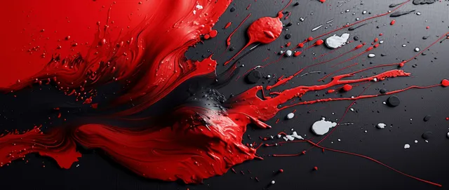 Red black white paint splashes forming wave-like arcs on dark textured surface