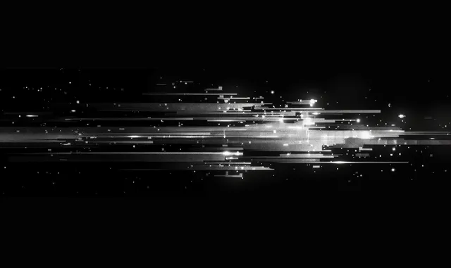Horizontal white glitch scanlines and pixel noise streak across a solid black background.