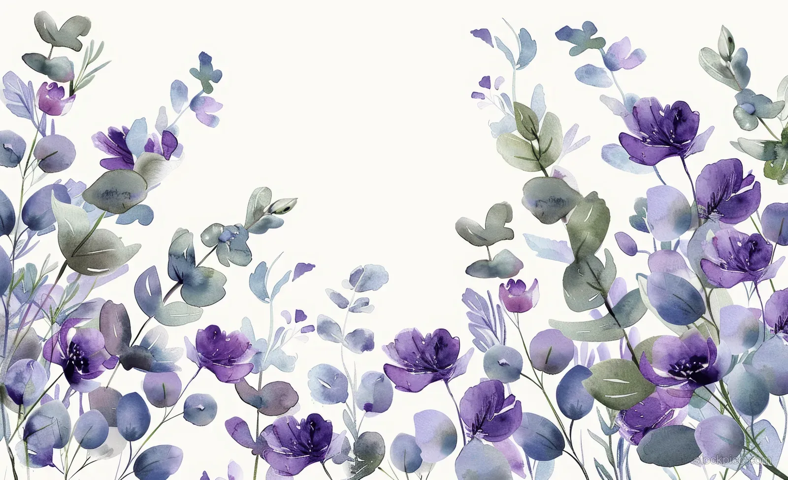 Watercolor frame featuring purple lavender flowers and green eucalyptus leaves clustered around the border.