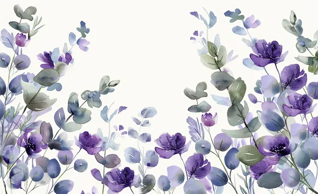 Watercolor lavender and eucalyptus botanical frame with purple flowers and green leaves