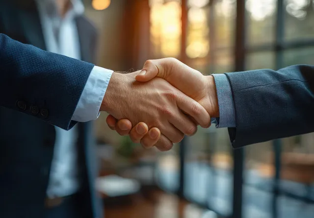 Two professionals in suits shake hands indoors as warm sunlight filters through large office windows.
