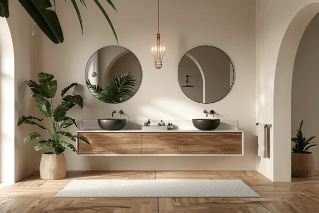 Modern bathroom interior with double sink vanity, black vessel basins, round mirrors, and green potted plants.