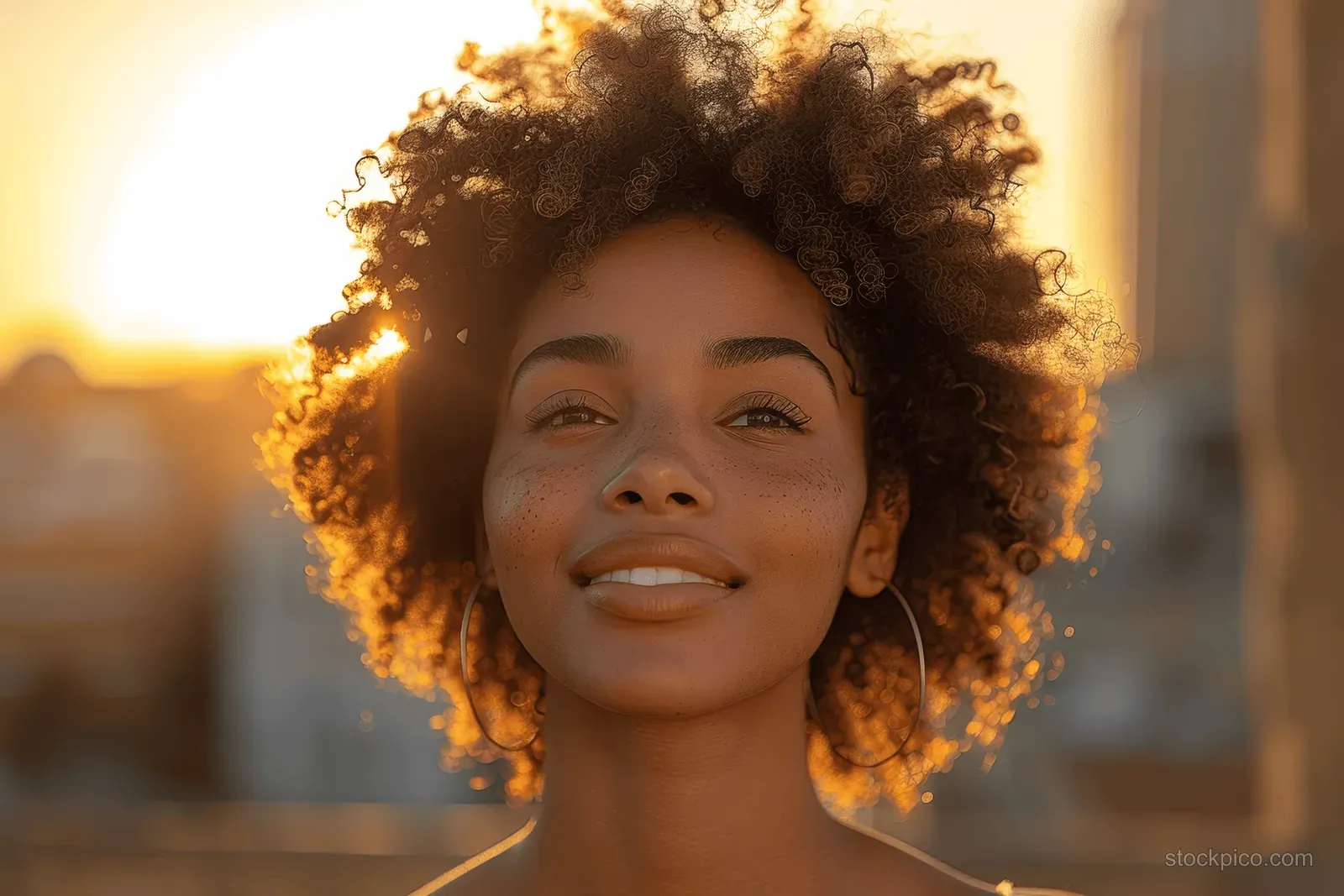 Smiling young woman with curly hair appears in warm golden sunset light with a softly blurred outdoor background.