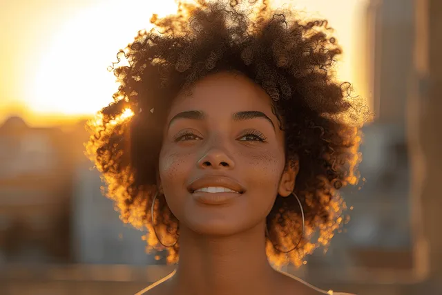 Smiling young woman with curly hair framed by golden sunset light outdoors