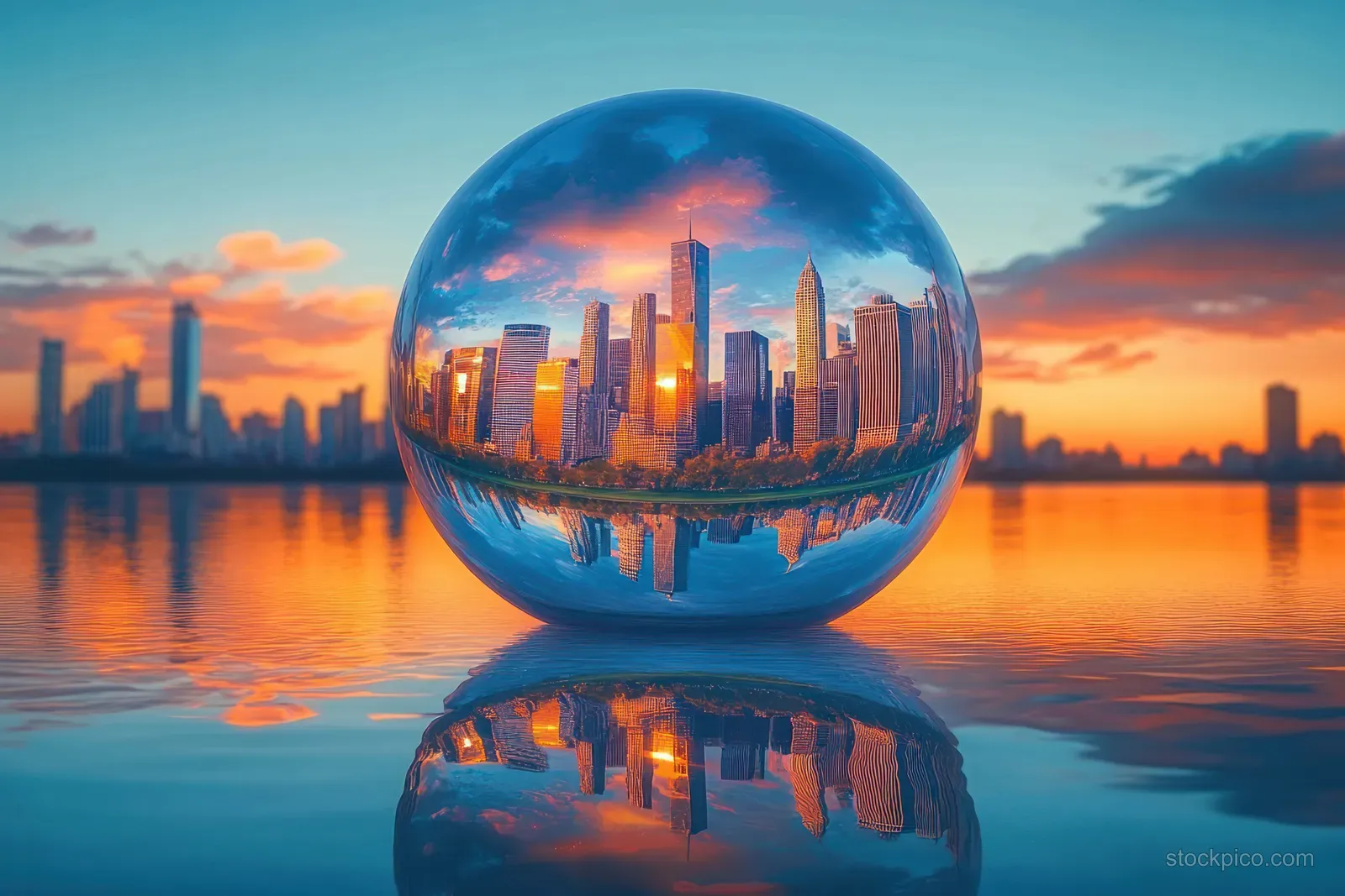 A transparent glass sphere rests in still water, reflecting a sunset city skyline beneath colorful twilight clouds.