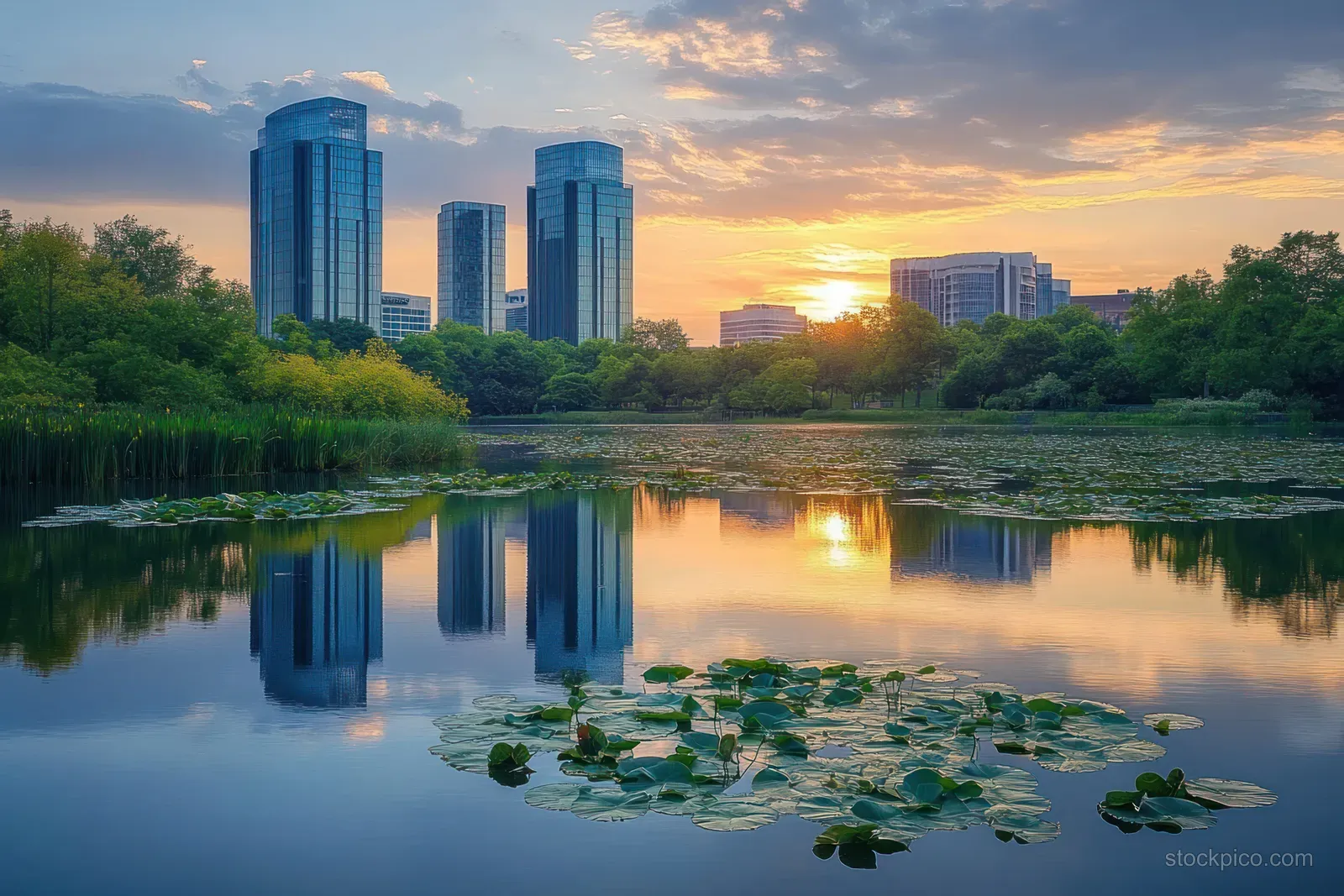 Sunset sky reflecting on Lake Normandale with Bloomington skyscrapers and lily pads in the foreground.