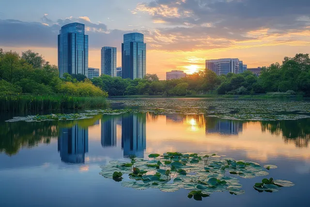 Sunset reflections over Lake Normandale with Bloomington skyline and lily pads