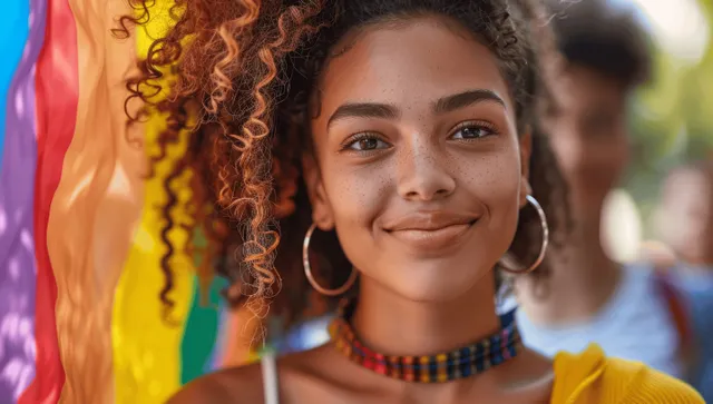 Smiling multiracial woman marching at Pride with rainbow flag and raised banner
