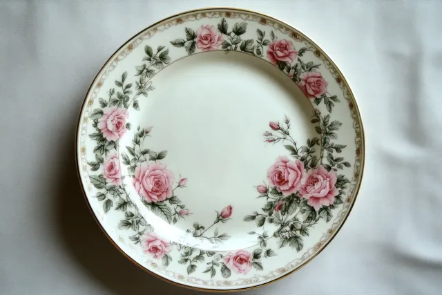 White ceramic plate with pink rose and green leaf floral pattern decorating the rim on a white fabric background.