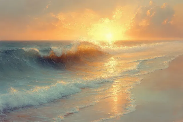 Uma mulher sorridente relaxa em uma praia ao pôr do sol enquanto as ondas chegam sob luz dourada.